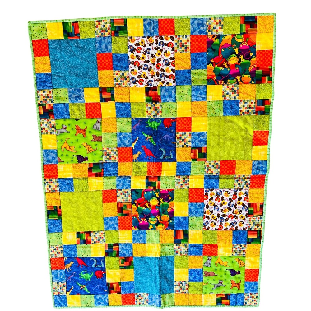 Handmade Patchwork Baby Quilt Dinosaurs Dogs Baseball Frog Blanket Novelty Print
